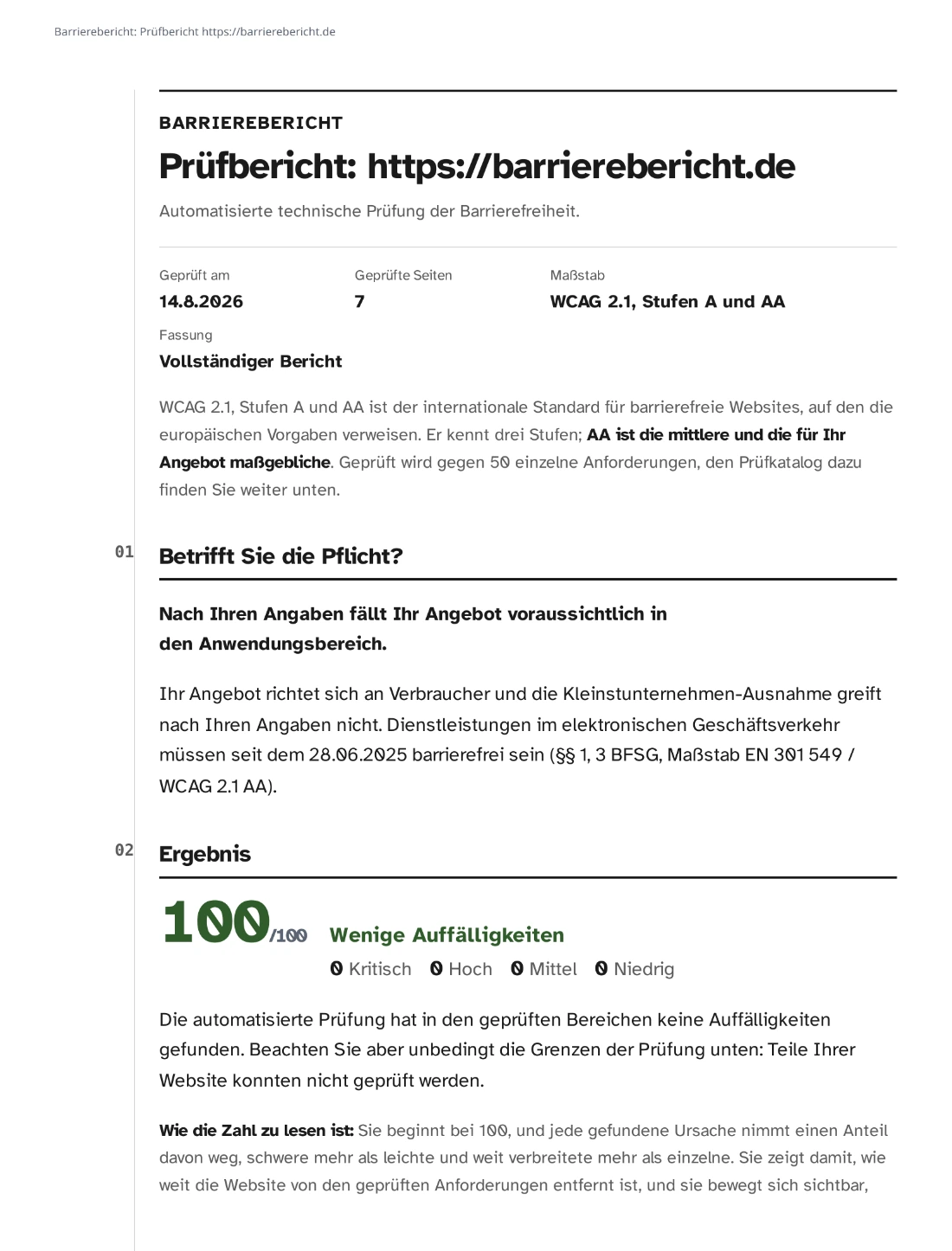 Erstes Blatt des Prüfberichts für barrierebericht.de: Kopfzeile mit Prüfdatum, sieben geprüften Seiten und dem Maßstab WCAG 2.1 Stufen A und AA, links am Rand die Abschnittsnummern 01 und 02, darunter die Einordnung, dass die Pflicht voraussichtlich greift, und das Ergebnis 100 von 100 ohne Auffälligkeiten.