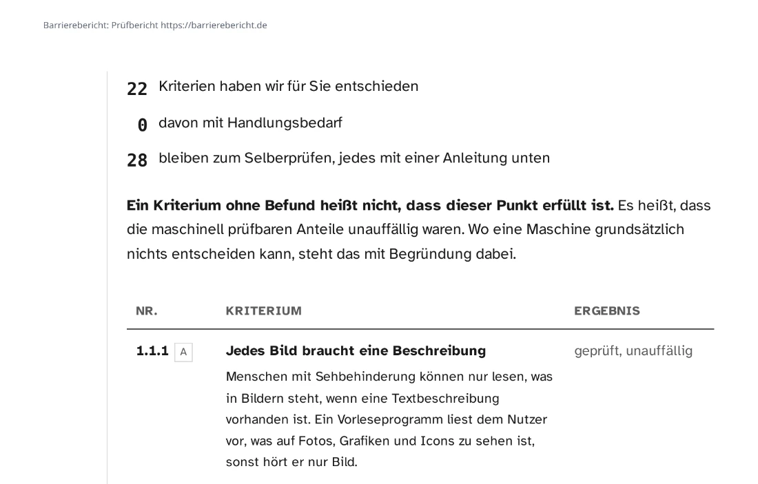 Ausschnitt aus dem Prüfkatalog des Berichts: 22 Kriterien haben wir für Sie entschieden, 0 davon mit Handlungsbedarf, 28 bleiben zum Selberprüfen mit Anleitung. Darunter beginnt die Tabelle der einzelnen Kriterien mit Nummer, Klartext-Erklärung und Ergebnis.